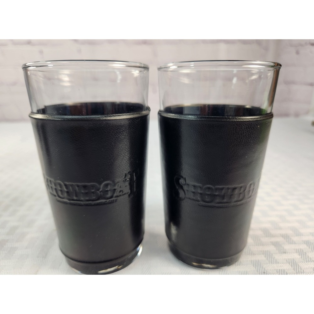 Showboat Casino Set Of 2 Drinking Glass in Black Leather Sleeve Embossed Vintage